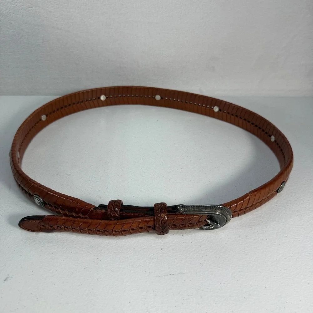 Vtg 90s Sz 36 Leather Belt Western Concho Braided Whipstitch Brown‎ Woven Boho